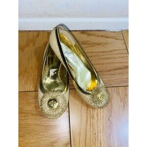 TORY BURCH Womens Leather Embellished Ruffle Flats Shoes Gold SZ 7